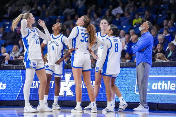Kentucky Wildcat’s look up at the replay board during the women’s basketball game against Morehead State on Monday, Nov. 3, 2025, at Historic Memorial Coliseum in Lexington, Ky. Kentucky won 75-59. Photo by Christian Kantosky | Photo Editor
