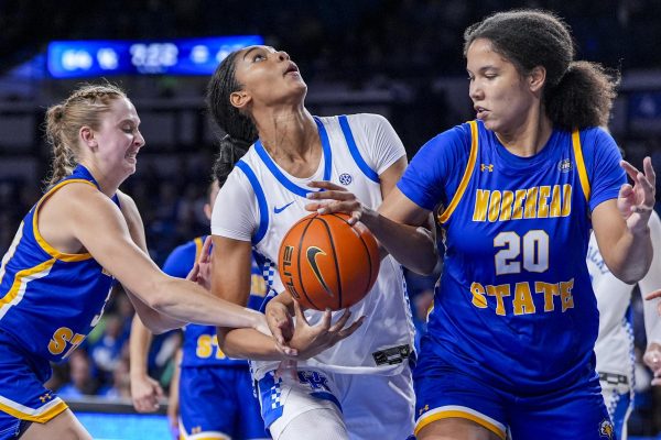 Kentucky forward Teonni Key is blocked during the game against Morehead State on Monday, Nov. 3, 2025, at Historic Memorial Coliseum in Lexington, Ky. Kentucky won 75-59. Photo by Christian Kantosky | Photo Editor