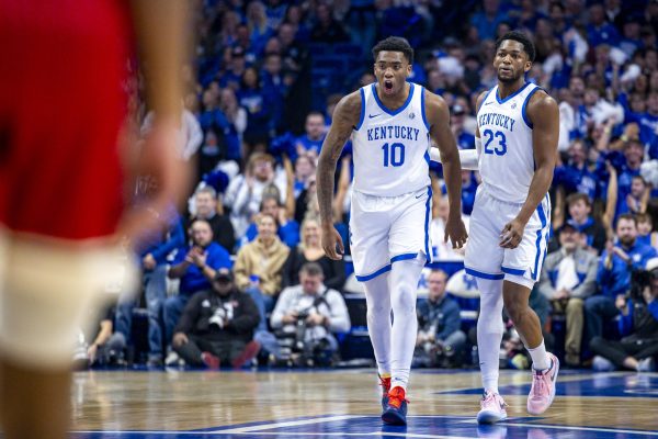 Kentucky Wildcats forwards Brandon Garrison (10) and Mouhamed Dioubate (23) celebrate during the men’s basketball game against Nicholls on Tuesday, Nov. 4, 2025, at Rupp Arena in Lexington, Ky. Photo by Christian Kantosky | Photo Editor