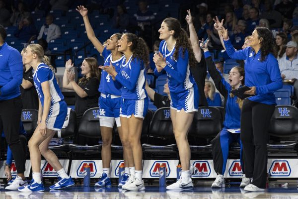 Kentucky players celebrate after a three pointer during the women's basketball game against USC Upstate on Wednesday, Nov. 12, 2025, at Memorial Coliseum in Lexington, Ky. Kentucky won 90-30. Photo by Kate Bonafede | Staff