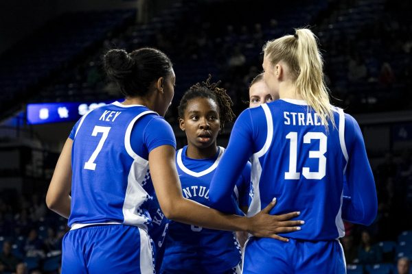 Kentucky players talk in a hudle during the women's basketball game against USC Upstate on Wednesday, Nov. 12, 2025, at Memorial Coliseum in Lexington, Ky. Kentucky won 90-30. Photo by Kate Bonafede | Staff