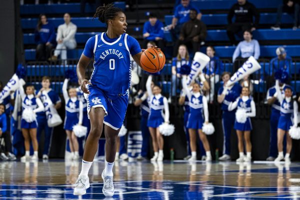 Kentucky guard Jordan Obi (0) drives the ball up court during the women's basketball game against USC Upstate on Wednesday, Nov. 12, 2025, at Memorial Coliseum in Lexington, Ky. Kentucky won 90-30. Photo by Kate Bonafede | Staff