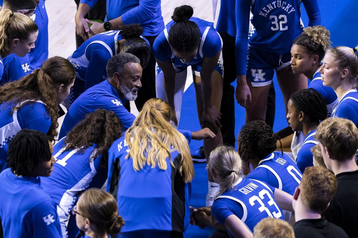 Kentucky head coach Kenny Brooks talks to players during the women's basketball game against USC Upstate on Wednesday, Nov. 12, 2025, at Memorial Coliseum in Lexington, Ky. Kentucky won 90-30. Photo by Kate Bonafede | Staff