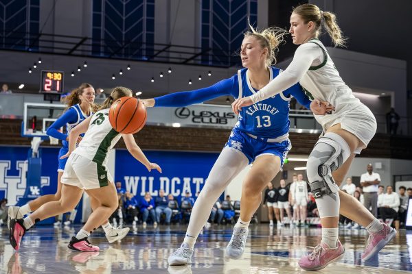 Kentucky Center Clara Strack attempts to keep the ball away from a defender during the game against USC Upstate on Wednesday, Nov. 12, 2025, at Historic Memorial Coliseum in Lexington, Ky. Kentucky won 90-30. Photo by Brayden Finn | Staff