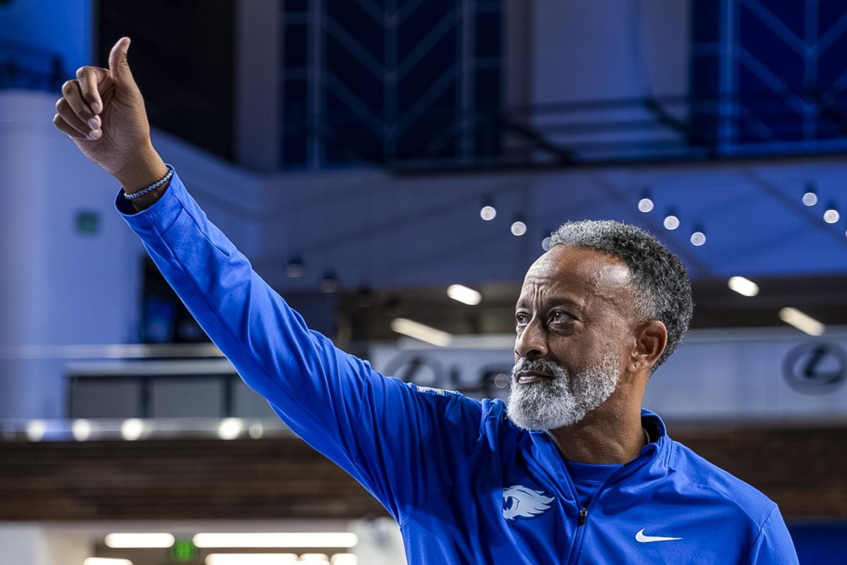 Kentucky Head Coach Kenny Brooks points to the crowd after  the game against USC Upstate on Wednesday, Nov. 12, 2025, at Historic Memorial Coliseum in Lexington, Ky. Kentucky won 90-30. Photo by Brayden Finn | Staff