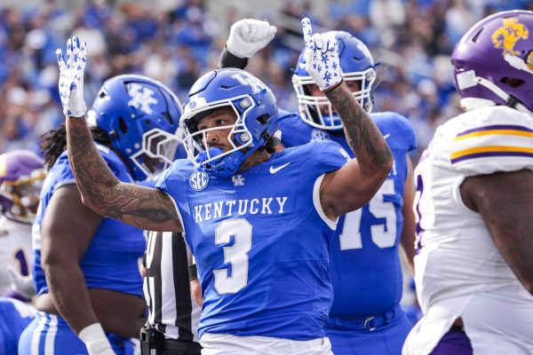 Kentucky Wildcats running back Seth McGowan celebrates scoring a touchdown during the football game against Tennessee Tech on Saturday, Nov. 15, 2025, at Kroger Field in Lexington, Ky. Photo by Christian Kantosky | Photo Editor