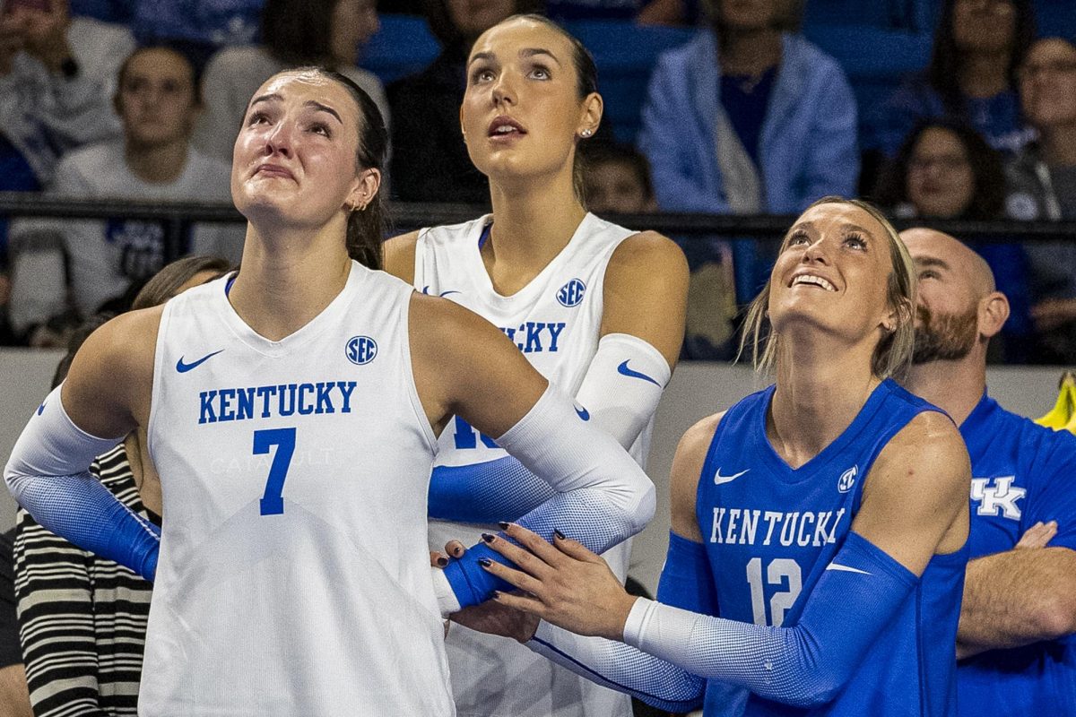 Kentucky outside hitter Eva Hudson (7) gets emotional watching her senior goodbye video before the volleyball match against Arkansas on Sunday, Nov. 16, 2025, at Memorial coliseum in Lexington, Ky. Kentucky won 3-0. Photo by Kate Bonafede | Staff