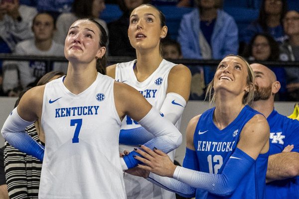 Kentucky outside hitter Eva Hudson (7) gets emotional watching her senior goodbye video before the volleyball match against Arkansas on Sunday, Nov. 16, 2025, at Memorial coliseum in Lexington, Ky. Kentucky won 3-0. Photo by Kate Bonafede | Staff