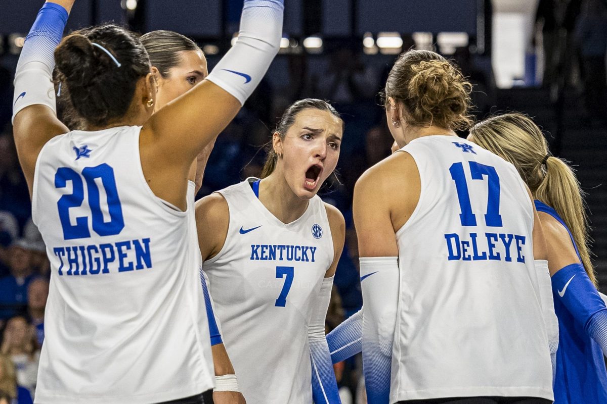 Kentucky players celebrate during the volleyball match against Arkansas on Sunday, Nov. 16, 2025, at Memorial coliseum in Lexington, Ky. Kentucky won 3-0. Photo by Kate Bonafede | Staff