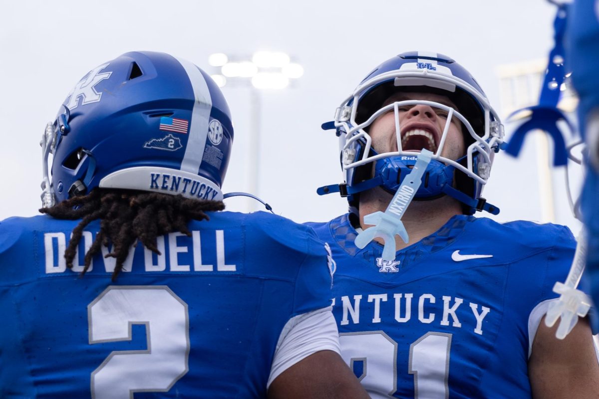 Kentucky Wildcats tight end Willie Rodriguez celebrates with teammates during the football game against Tennessee Tech on Saturday, Nov. 15, 2025, at Kroger Field in Lexington, Ky. Kentucky won 42-10. Photo by Sydney Novack | Assistant Photo Editor 