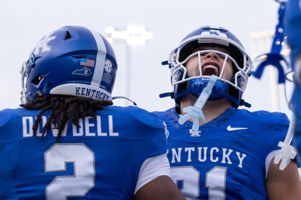 Kentucky Wildcats tight end Willie Rodriguez celebrates with teammates during the football game against Tennessee Tech on Saturday, Nov. 15, 2025, at Kroger Field in Lexington, Ky. Kentucky won 42-10. Photo by Sydney Novack | Assistant Photo Editor 