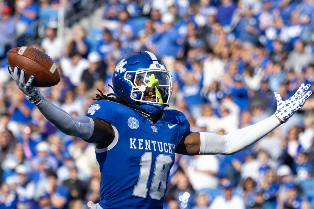 Kentucky Wildcats defensive back Cam Dooley runs the ball back after an interception during the football game against Tennessee Tech on Saturday, Nov. 15, 2025, at Kroger Field in Lexington, Ky. Kentucky won 42-10. Photo by Sydney Novack | Assistant Photo Editor 