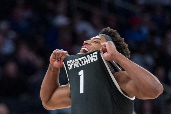 Michigan State Spartans guard Jeremy Fears Jr. celebrates during a timeout during the basketball game against Kentucky on Tuesday, Nov. 18, 2025, at Madison Square Garden in New York City. Michigan State won 83-66. Photo by Christian Kantosky | Photo Editor