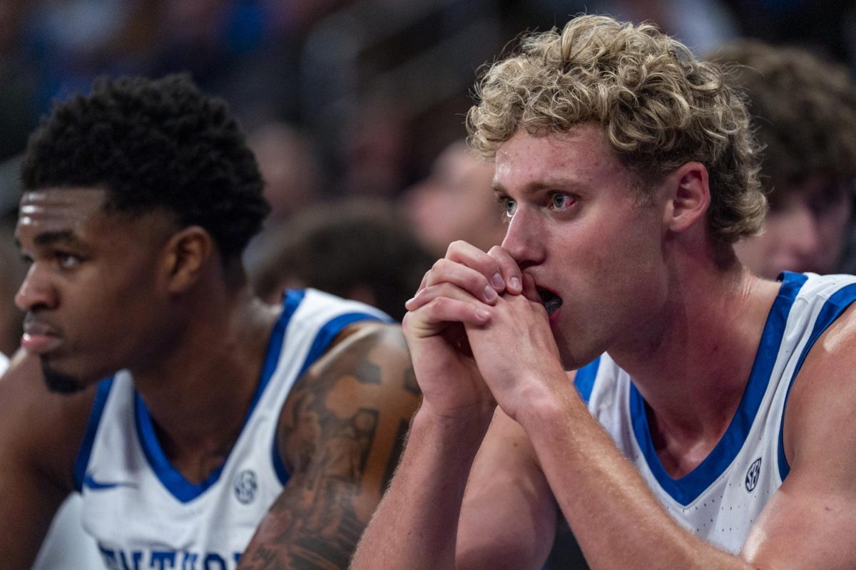Kentucky Wildcats guard Collin Chandler sits on the bench in the final minutes during the basketball game against Michigan State on Tuesday, Nov. 18, 2025, at Madison Square Garden in New York City. Michigan State won 83-66. Photo by Christian Kantosky | Photo Editor