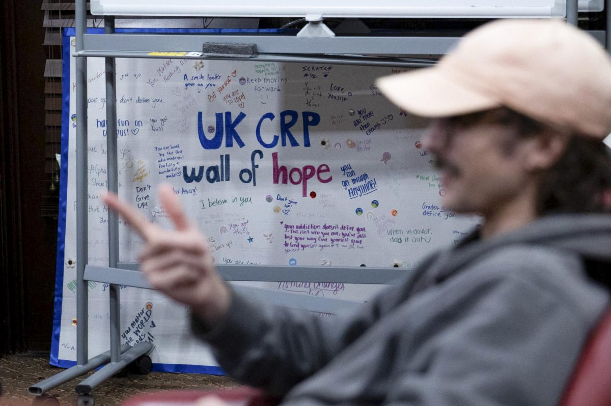 A student shares a personal experience during the University of Kentucky Collegiate Recovery Program's "Recovery Friendsgiving" on Tuesday, Nov. 18, 2025, at the Hillary J. Boone Center in Lexington, Ky. Photo by Gavin Breunig | Staff