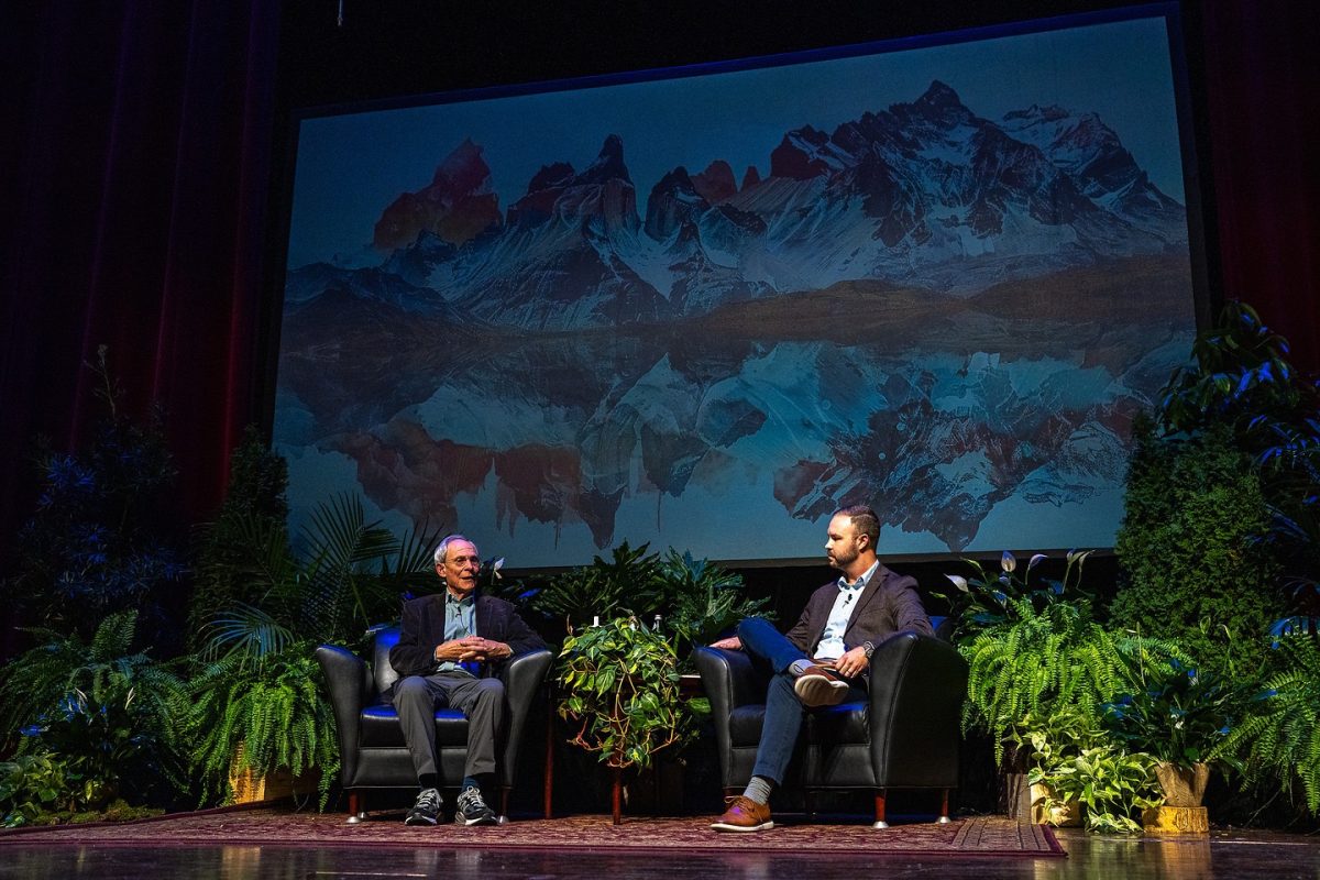 Vincent Stanley, Director of Philosophy at Patagonia, left, speaks with author Brooks Lamb, right, during The Future of the Responsible Company lecture on Thursday, Nov. 6, 2025, at Singletary Center for the Arts in Lexington, Ky. Photo by Will Luckett | Staff