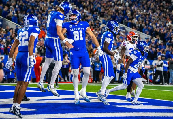 Kentucky Wildcats celebrate after scoring a touchdown during the football game against Florida on Saturday, Nov. 8, 2025, at Kroger Field in Lexington, Ky. Kentucky won 38-7. Photo by Will Luckett | Staff