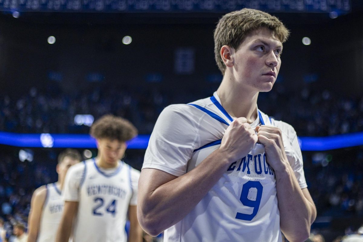 Kentucky Wildcats forward Trent Noah walks off the court after the basketball game against North Carolina on Wednesday, Dec. 3, 2025, at Rupp Arena in Lexington, Ky. North Carolina won 67-64. Photo by Christian Kantosky | Photo Editor
