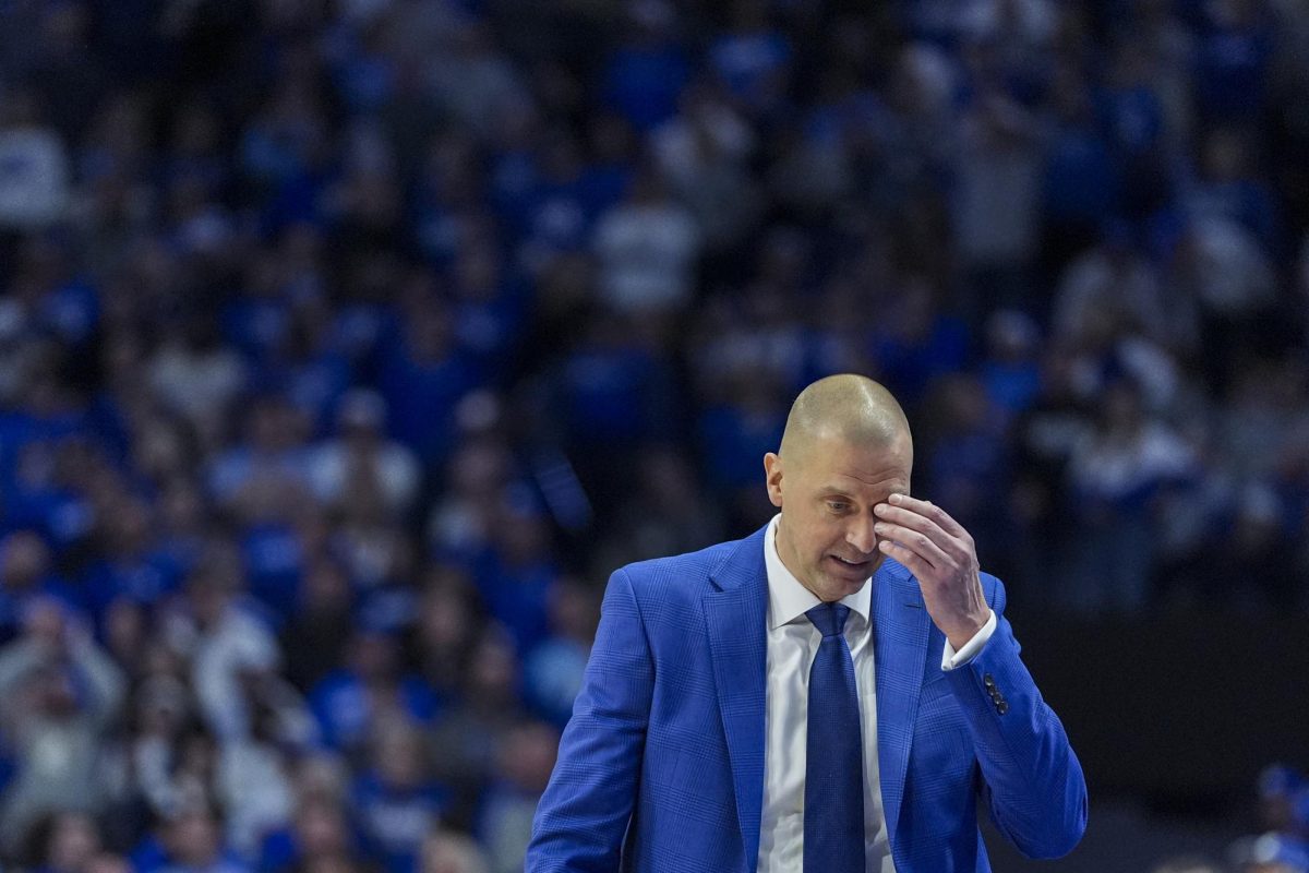 Kentucky Wildcats head coach Mark Pope reacts after his team committed a foul during the basketball game against North Carolina on Tuesday, Dec. 2, 2025, at Rupp Arena in Lexington, Ky. North Carolina won 67-64. Photo by Christian Kantosky | Photo Editor