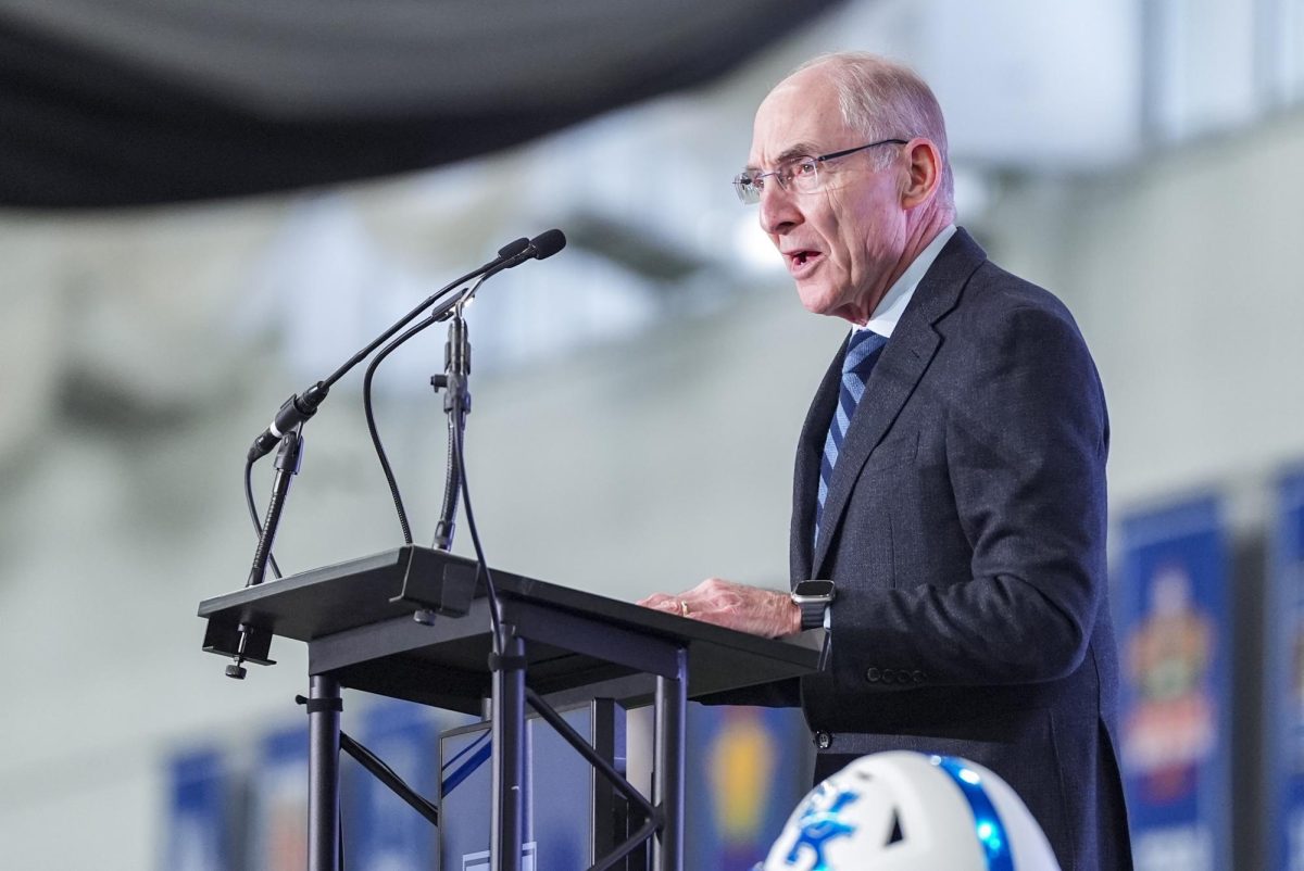 Kentucky president Eli Capilouto talks during Will Stein’s introduction on Wednesday, Dec. 3, 2025, at Nutter Field House in Lexington, Ky. Photo by Christian Kantosky | Photo Editor