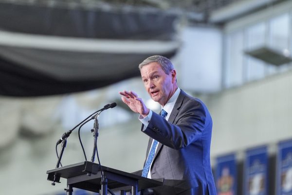 Kentucky Wildcats athletic director Mitch Barnhart talks during Will Stein’s introduction on Wednesday, Dec. 3, 2025, at Nutter Field House in Lexington, Ky. Photo by Christian Kantosky | Photo Editor