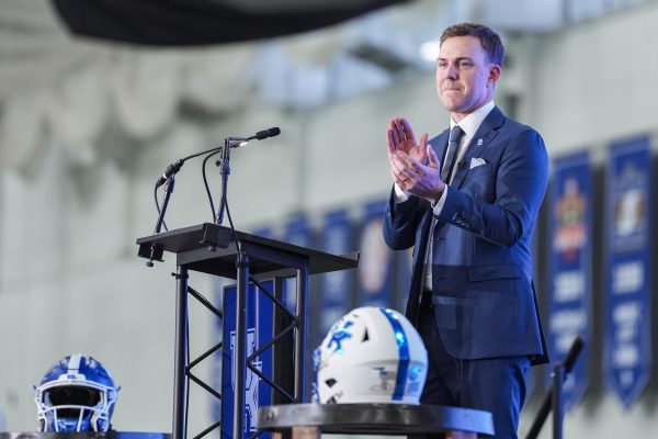 Kentucky Wildcats football head coach Will Stein answers questions during his introduction on Wednesday, Dec. 3, 2025, at Nutter Field House in Lexington, Ky. Photo by Christian Kantosky | Photo Editor