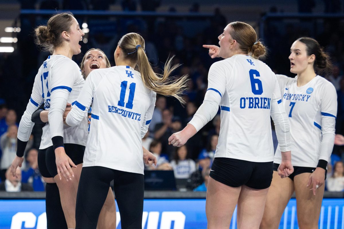 Kentucky celebrates after winning the second set during the volleyball game against Wofford on Thursday, Dec. 4, 2025, at the Historic Memorial Coliseum in Lexington, Ky. Kentucky won 3-0. Photo by Sydney Novack | Assistant Photo Editor 