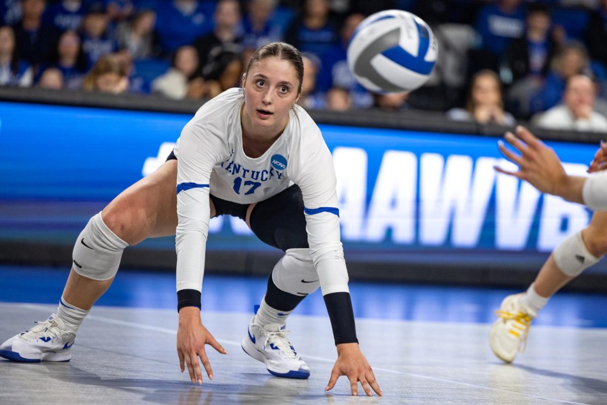 Kentucky outside hitter Brooklyn DeLeye watches the ball during the volleyball game against Wofford on Thursday, Dec. 4, 2025, at the Historic Memorial Coliseum in Lexington, Ky. Kentucky won 3-0. Photo by Sydney Novack | Assistant Photo Editor 