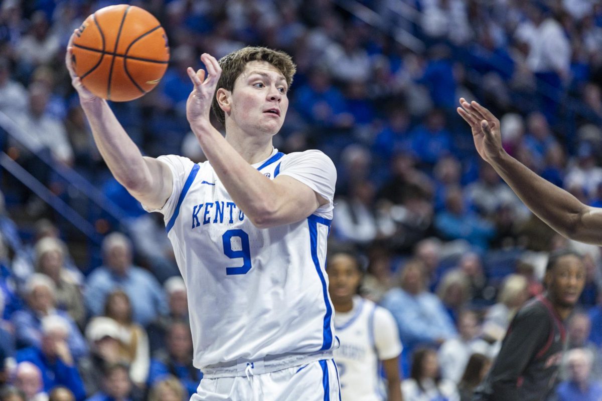 Kentucky Wildcats forward Trent Noah passes the ball during the basketball game against North Carolina Central on Tuesday, Dec. 9, 2025, at Rupp Arena in Lexington, Ky. Photo by Christian Kantosky | Photo Editor