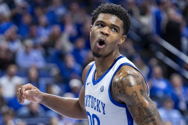 Kentucky Wildcats guard Otega Oweh reacts after making a dunk during the basketball game against North Carolina Central on Tuesday, Dec. 9, 2025, at Rupp Arena in Lexington, Ky. Kentucky won 103-67. Photo by Christian Kantosky | Photo Editor
