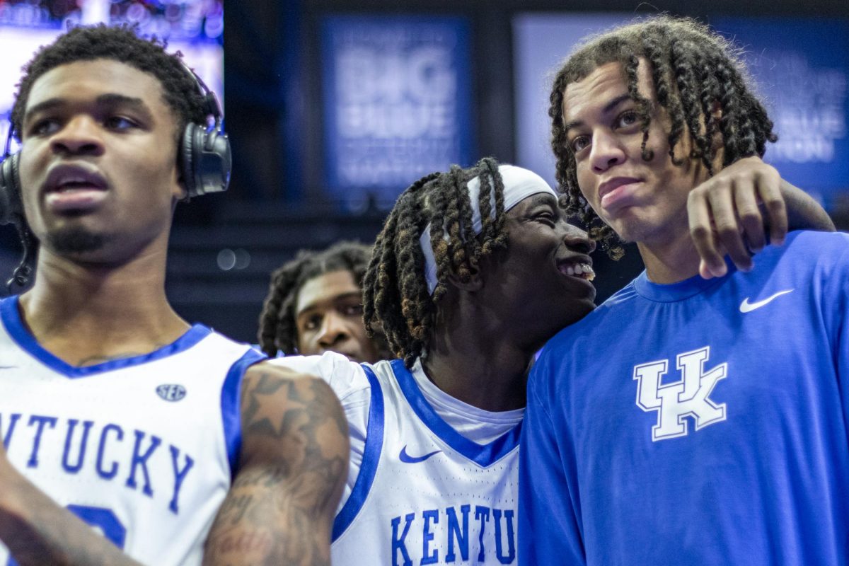 Kentucky Wildcats guard Denzel Aberdeen laughs with forward Braydon Hawthorne after the basketball game against North Carolina Central on Tuesday, Dec. 9, 2025, at Rupp Arena in Lexington, Ky. Kentucky won 103-67. Photo by Christian Kantosky | Photo Editor