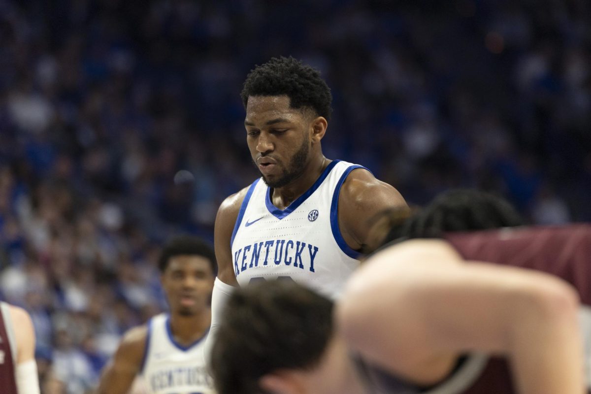 Kentucky forward Mouhamed Dioubate (23) takes a deep breath before shooting a free-throw during the mens basketball game against Bellarmine on Tuesday, Dec. 23, 2025, at Rupp Arena  in Lexington, Ky. Kentucky won 99-85. Photo by Kate Bonafede | Staff
