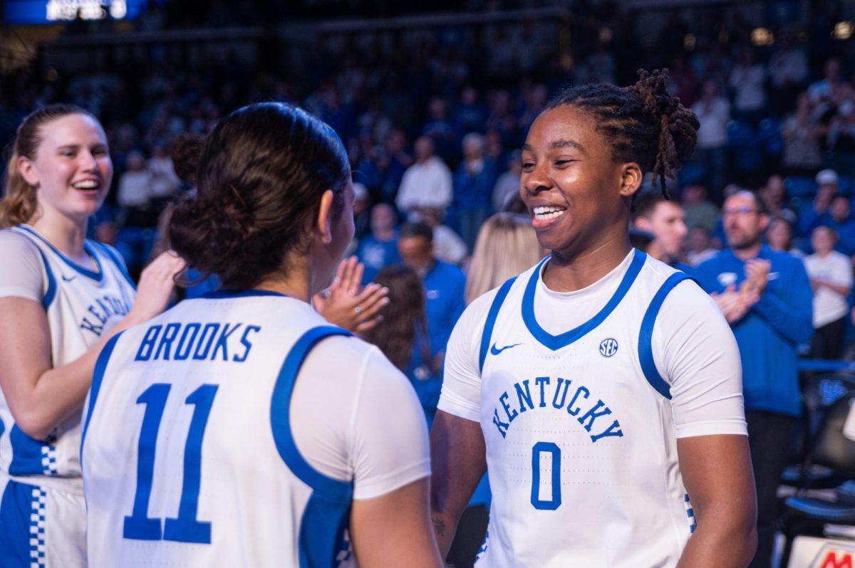 Kentucky guard Jordan Obi (0) and guard Gabby Brooks (11) during the Kentucky vs Hofstra women’s basketball game on Dec. 28, 2025, in Memorial Coliseum in Lexington, Ky. Photo by Jack Bates | Staff