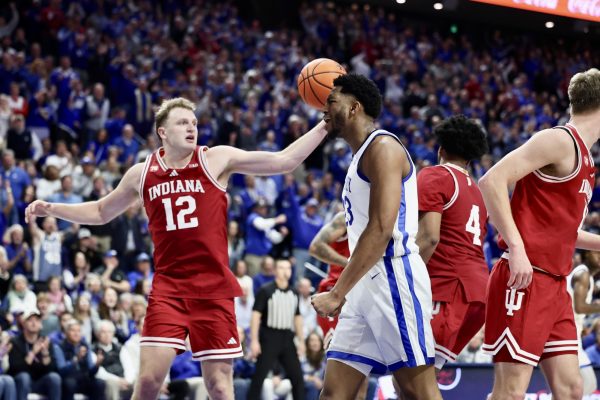 Kentucky Wildcats forward Mouhamed Dioubate celebrates scoring during the basketball game against Indiana on Saturday, Dec. 13, 2025, at Rupp Arena in Lexington, Ky. Photo by Christian Kantosky | Photo Editor