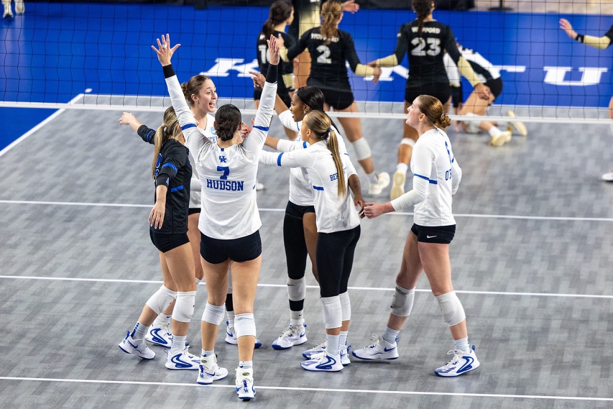 Kentucky celebrates after winning the third and final set during the volleyball game against Wofford on Thursday, Dec. 4, 2025, at the Historic Memorial Coliseum in Lexington, Ky. Kentucky won 3-0. Photo by Sydney Novack | Assistant Photo Editor