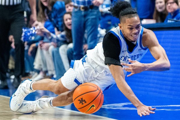 Kentucky Wildcats guard Jaland Lowe dives to save the ball from going out of bounds during the basketball game against Indiana on Saturday, Dec. 13, 2025, at Rupp Arena in Lexington, Ky. Kentucky won 72-60. Photo by Will Luckett | Staff