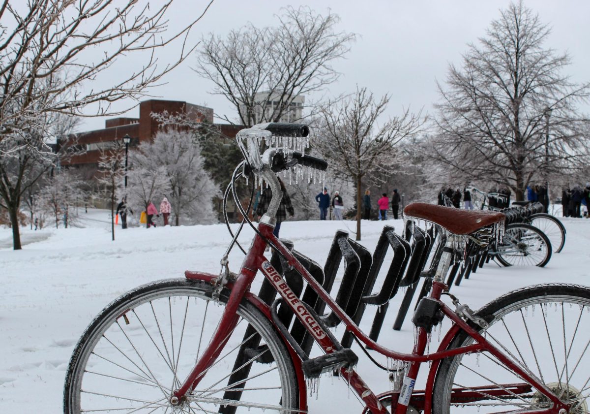 A frozen bicycle sits outside the William T. Young Library on January 25, 2026 in Lexington, Ky. Photo by Ellen Mueller | Staff
