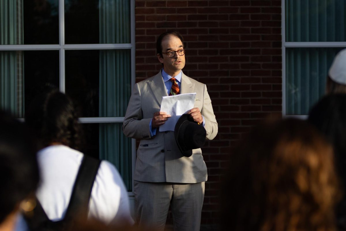 Former University of Kentucky professor Ramsi Woodcock speaks to the crowd during the “Two Years Too Many” protest on Tuesday, Oct. 7, 2025, at William T Young Library in Lexington, Ky. Photo by Cara Raiford | Staff