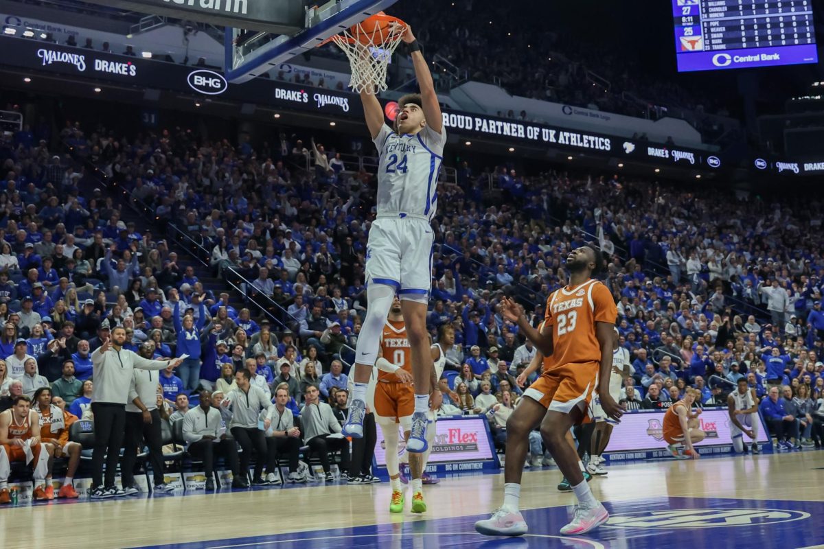 Kentucky Wildcats center Malachi Moreno (24) dunks in their game against Texas at Rupp Arena on Wednesday, Jan. 21, 2026, Lexington, Ky. Photo by Brooke Johnson | Photo Manager
