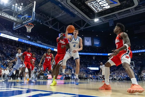 Kentucky Wildcats forward Andrija Jelavic (4) steals the ball from Ole Miss forward Corey Chest (1) at Rupp Arena on  Saturday, Jan. 24, 2026, Lexington, Ky. Photo by Brooke Johnson | Photo Manager