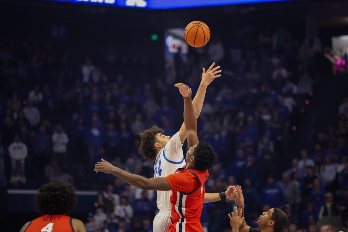 Kentucky Wildcats center Malachi Moreno (24) and Ole Miss forward Malik Dia (0) both reach for the ball inorder to start the basketball game at Rupp Arena on Saturday, Jan. 24, 2026, Lexington, Ky. Photo by Brooke Johnson | Photo Manager
