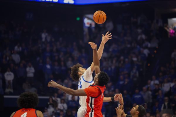 Kentucky Wildcats center Malachi Moreno (24) and Ole Miss forward Malik Dia (0) both reach for the ball inorder to start the basketball game at Rupp Arena on Saturday, Jan. 24, 2026, Lexington, Ky. Photo by Brooke Johnson | Photo Manager
