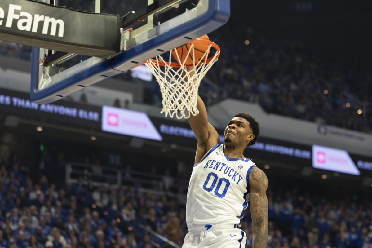 Kentucky guard Otega Oweh dunks the ball during the mens basketball game against Mississippi on Saturday, Jan, 10, 2026, at Rupp Arena in Lexington, Ky. Photo by Kate Bonafede | Staff
