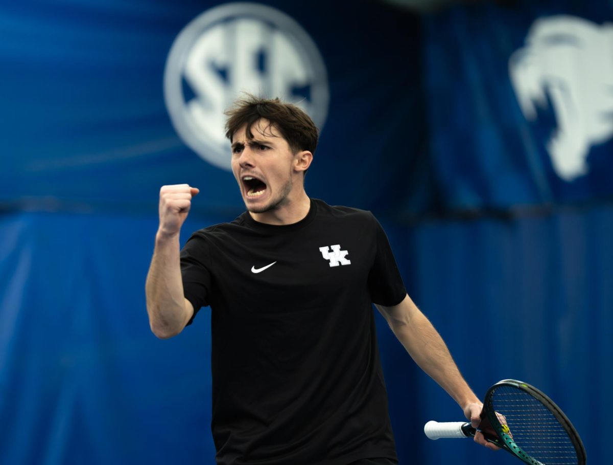 Kentucky senior Charlelie Cosnet celebrates after winning the point during the Kentucky vs Michigan State mens tennis match on Sunday, Jan. 18, 2025, at the Hilary J. Boone Tennis Complex in Lexington, Kentucky. Kentucky won 5-2. Photo by Brayden Finn | Staff