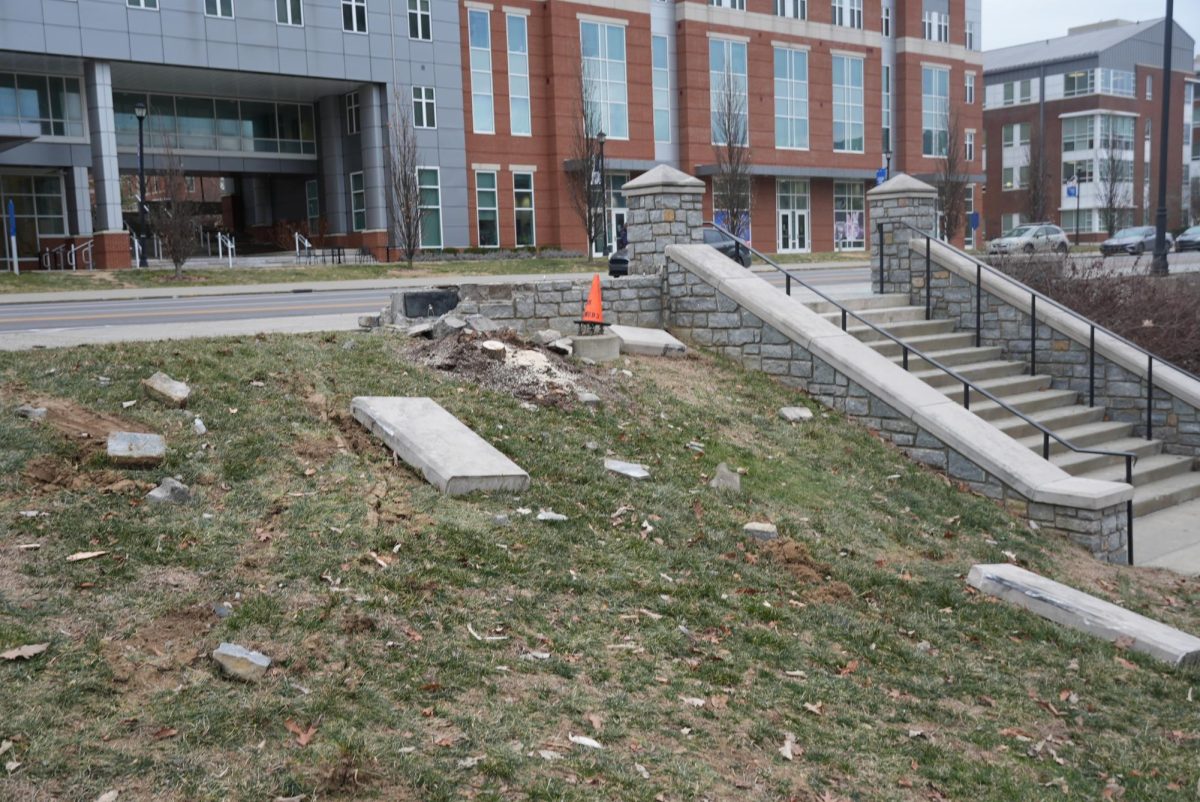 Debris from the brick wall outside the Gatton Student Center in Lexington, Ky., after a car crash early that morning on Friday, Jan. 16, 2026. Photo by Sylvia Freire | Assistant News Editor