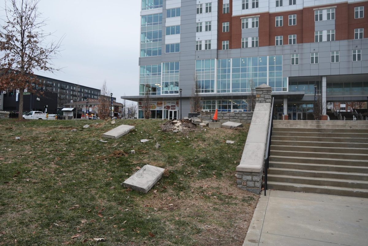 Debris from the brick wall outside the Gatton Student Center in Lexington, Ky., after a car crash early that morning on Friday, Jan. 16, 2026. Photo by Sylvia Freire | Assistant News Editor