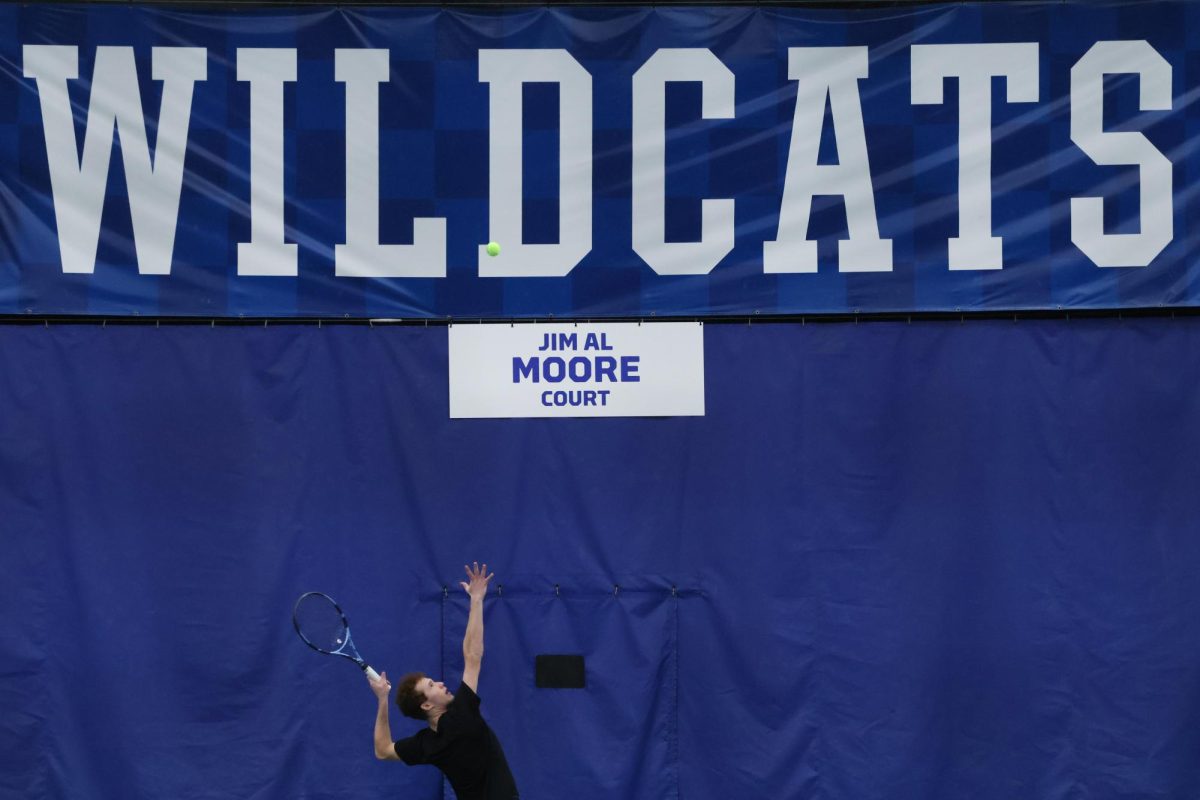 Kentucky Wildcats Nicolas Arseneault serving the ball during the tennis match vs. Michigan State on Thursday, Jan. 18, 2026, at the Hilary J. Boone Tennis Complex in Lexington, Kentucky. Kentucky won 5-2. Photo by Robert Robinson | Staff