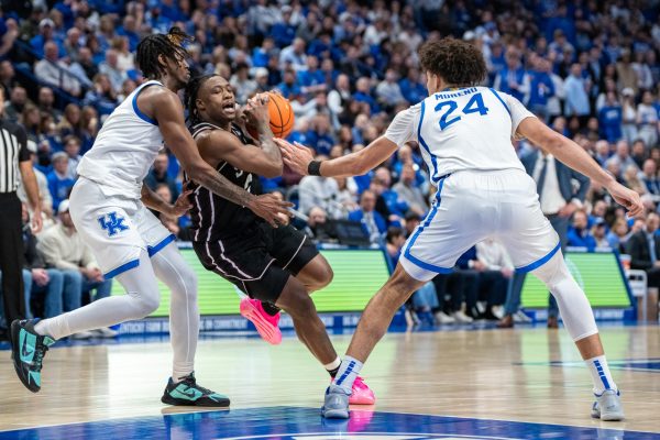 Mississippi State Bulldogs guard Ja’Borri McGhee attempts to drive through Kentucky defenders during the basketball game against Mississippi State on Saturday, Jan. 10, 2026, at Rupp Arena in Lexington, Ky. Kentucky won 92-68. Photo by Will Luckett | Photo Manager
