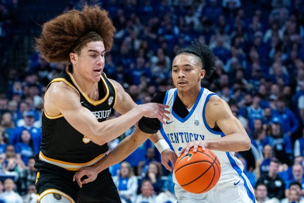 Kentucky Wildcats guard Jaland Lowe dribbles the ball down the court during the basketball game against Missouri on Wednesday, Jan. 7, 2026, at Rupp Arena in Lexington, Ky. Missouri won 73-68. Photo by Will Luckett | Photo Manager
