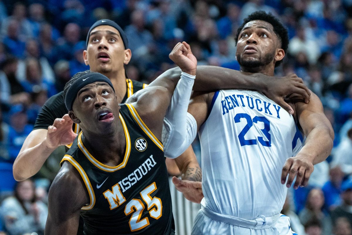 Missouri defenders attempt to box out Kentucky Wildcats forward Mouhamed Dioubate during the basketball game against Missouri on Wednesday, Jan. 7, 2026, at Rupp Arena in Lexington, Ky. Missouri won 73-68. Photo by Will Luckett | Photo Manager
